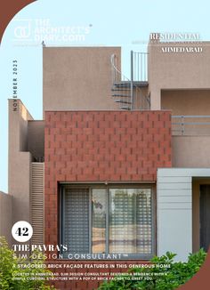 the front cover of an architectural magazine, featuring a brick building with stairs and balconies