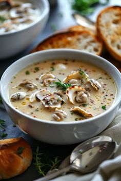 Creamy clam chowder garnished with herbs in a white bowl, served with slices of toasted bread. Leftover Oysters Recipe, Canned Oysters Recipes, Fish Casseroles, Chili Board, Bisque Recipes, Oyster Stew Recipes, Canned Oysters, Stew With Potatoes, Oyster Soup