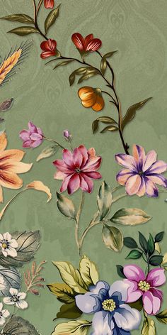 a painting of flowers on a green wallpaper with leaves and flowers in the background