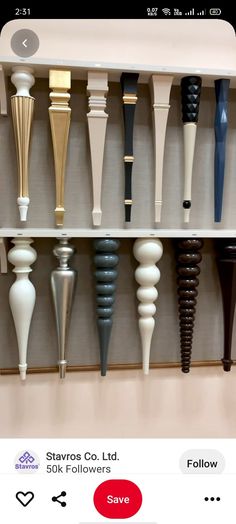 an assortment of different types of vases and handles on a white shelving unit