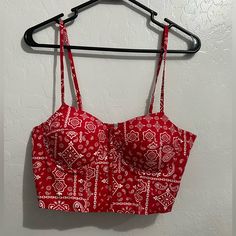 Red Bandana Print Crop Top New With Tags Size Medium Bandana Print Top, Trendy Red Top For Festival, Red Cotton Beach Crop Top, Red Cotton Crop Top For Beach, Trendy Red Crop Top For Vacation, Red Cotton Crop Top For Festival, Red Bandana Top, Bandana Tops, Bandana Top