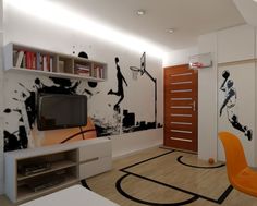 a basketball themed living room with an orange chair and white bookcase in the corner