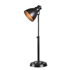 a black desk lamp with an orange light on the top and one arm in front of it