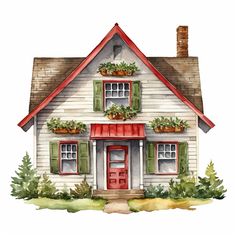 a watercolor painting of a house with plants on the windows