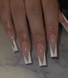 Elegant Simple Acrylic Nails, French Tip Nails W Diamonds, White Tip Acrylic Nails Designs, Wedding Acrylic Nails Bridesmaid, Long Square Wedding Nails, White Diamond Acrylic Nails, French Tip Designs With Gems, French Tip Acrylic Nails Birthday, Deep V Nails