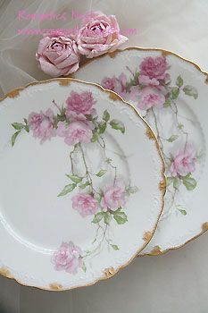 three plates with pink flowers on them sitting next to each other