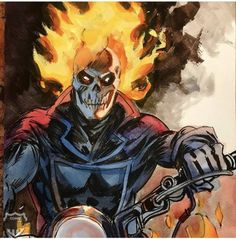 a drawing of a skeleton riding a motorcycle with flames coming out of his face and hands