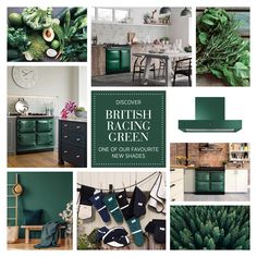 a collage of photos with green furniture and decor in the same color palettes