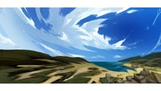 an artistic painting of the sky and water on a sunny day with blue skies above