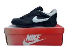 1988 nike strike force low football screw in rubber cleats. deadstock. NIB. black. shoes are unworn, have some paint cracking on back heels. appear to be in wearable condition. as vintage footwear composed partially of synthetic materials however, these are not guaranteed to be wearable. buyer assumes responsibility for any potential damage that may occur to shoes if worn. just do it. legit. legitvintage.etsy.com legitvintage on instagram Mens Golf Shoes, Cleats Shoes, Golf Shoes Mens, Nike Vintage, Football Cleats, Synthetic Materials, Mens Golf, Golf Shoes, Shoes Trainers