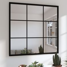 a mirror that is on the wall above a table with potted plants in front of it