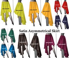 several different styles of skirts on mannequins with the words satin asymmetrical skirt