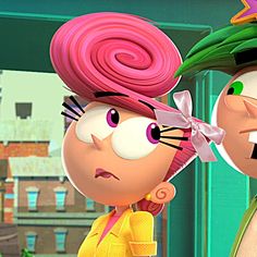 two cartoon characters standing next to each other in front of a green door with pink hair