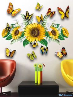 the sunflowers and butterflies are arranged on the wall