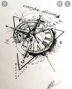 a drawing of a clock with an arrow and some other things around it that are drawn on paper