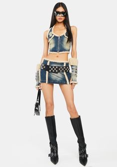 leave 'em speechless. This micro mini skirt has a washed denim construction, a low rise fit, faux shearling trim, and a back zip closure. Halter Tops Outfit, Denim Halter Top, Kiss Outfits, Micro Mini Skirt, Halter Crop Top, Micro Mini, Washed Denim, Denim Outfit, Y2k Fashion