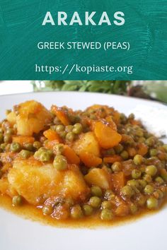 a white plate topped with peas and potatoes