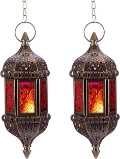 two red lanterns hanging from chains on a white background