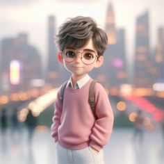 a little boy with glasses standing in front of a cityscape