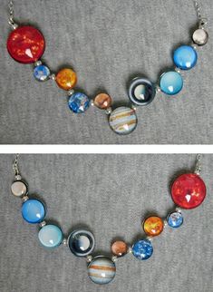 "This necklace was made using photos of the solar system, glass domes, resin, and sterling silver. It is double sided, with each side depicting different vantage points of the sun, each planet and Pluto. I have placed them on the necklace according to their distance from the sun in a very wiggly and fun manner, they are as follows: Mercury, Venus, Earth, Mars, Jupiter, Saturn, Uranus, Neptune, and Pluto, the dwarf planet i refuse to ignore.     The orbs measure between 8mm and 18mm, and have bee Sterling Silver Space-themed Jewelry, Multicolor Resin Round Jewelry, Multicolor Round Resin Jewelry, Planet Jewelry, Venus And Mars, Planet Necklace, Minimalist Icons, Fantasy Jewelry, Cute Pins