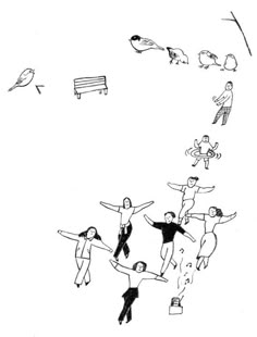 a drawing of people doing different things in the air with their arms out and feet up