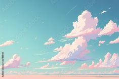 the sky is filled with fluffy clouds and pink hues