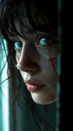 a woman with wet hair and blue eyes stares into the distance while standing in front of a window