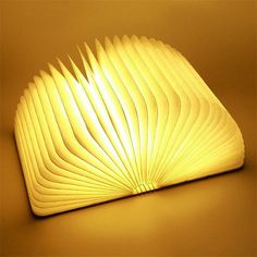 an open book shaped lamp sitting on top of a table