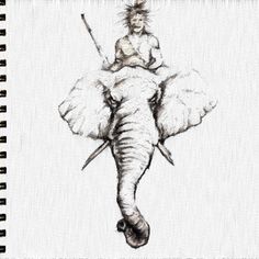 a drawing of an elephant with a man sitting on it's back