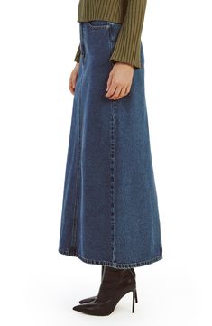 Made from nonstretch denim in a medium wash, this closet-staple maxi skirt is one you'll reach for again and again. 37 1/2" length Zip fly with button closure Five-pocket style Unlined 100% cotton Machine wash, line dry Imported Maxi Skirt Denim, Custom Jean, Maxi Denim Skirt, Jeans Store, Denim Skirt Outfits, Denim Projects, Long Denim Skirt, Striped Maxi Skirts, Latest Skirts