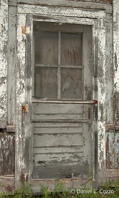 an old white door with glass panes in the window and grass growing around it