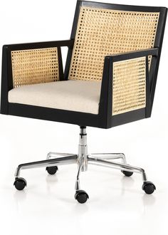 an office chair with wheels and a seat made out of rattan, on a white background