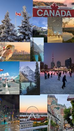 the collage shows many different images of canadian cities and their attractions, including canada's flag