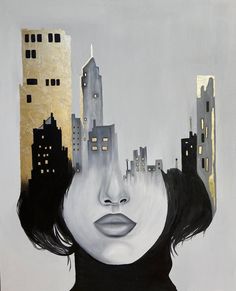 a painting of a woman's face with buildings in the background