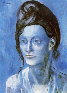 a painting of a woman's face with blue eyes and hair in a bun