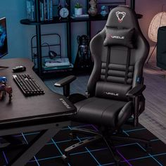 a gaming chair sitting in front of a computer desk with a keyboard and mouse on it