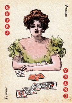 a woman sitting at a table with cards in front of her and the words extra written on it