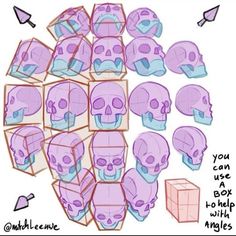 a bunch of skulls that have been drawn in purple and blue colors with the words you can use a box to help with angles