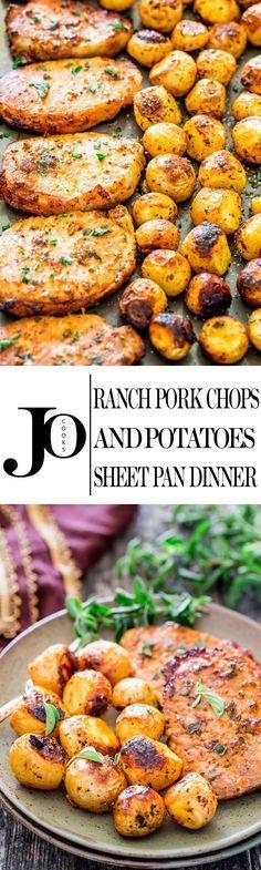 an image of some food that is on a plate and the words ranch pork chops and potatoes sheet pan dinner