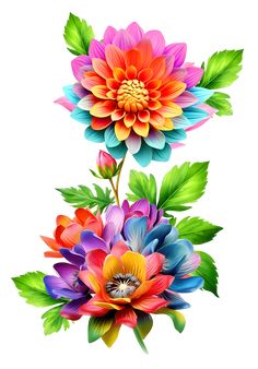 three colorful flowers with green leaves on the top and bottom one is pink, blue, orange