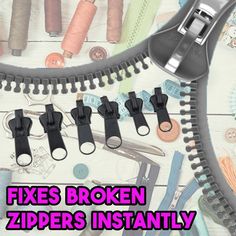 there are many different types of zippers on the table with scissors and sewing thread