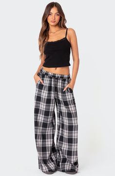 EDIKTED Lounge Around Plaid Wide Leg Pants | Nordstrom Plaid Wide Leg Pants, Womens Lounge, Lace Trim Tank Top, Plaid Decor, Night At Home, Cute Pajamas, Ribbed Tank Tops, Lace Tank Top, Ribbed Fabric