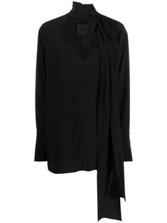 black silk V-neck pussy-bow fastening long sleeves buttoned cuffs straight hem Versace Outfit, Yoko London, Blouse Black, Lady Dior, Black Silk, Black Blouse, Silk Blouse, Denim Dress, All Fashion