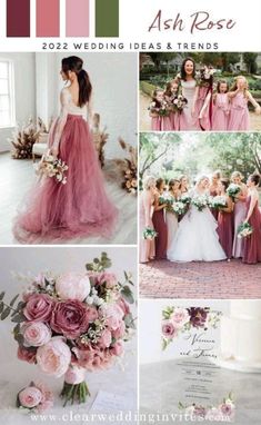 a collage of wedding photos with pink flowers and greenery on the bottom, as well as an ash rose color scheme