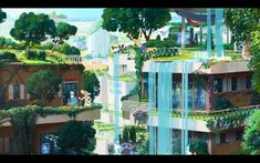 an anime scene with buildings and trees in the foreground, one building has a waterfall coming out of it