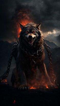 a wolf with chains on it's neck standing in front of a dark background