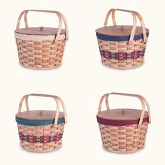 four baskets with different colors and patterns on them, one has a wooden lid and the other has a woven handle