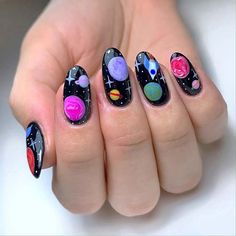 Planet Nails, Galaxy Nail Art, Space Nails, Galaxy Nails, Stylish Nails Designs, Short Nails Art, Funky Nails, Pretty Acrylic Nails