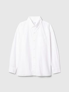 Soft, stretch cotton poplin Oxford shirt.  Point collar, button front.  Long sleeves.  Patch pocket at chest.  Made with 98% organically grown cotton, which is grown without the use of synthetic pesticides and fertilizers.  Over Affordable White Cotton Flannel Shirt, White Oxford Shirt Women, White Cotton Gap Shirt, Oversized Oxford Shirt, Campus Fashion, Unstructured White Button-up Top, White Oxford Shirt, Campus Style, Oxford White