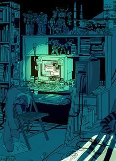 a drawing of a living room with bookshelves and a tv in the corner